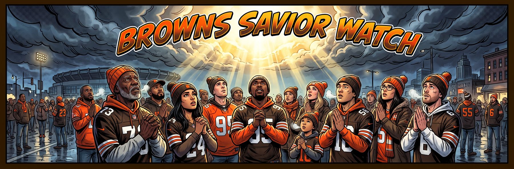 Cleveland Browns Savior Watch — fans praying beneath a stadium sky as light breaks through the clouds